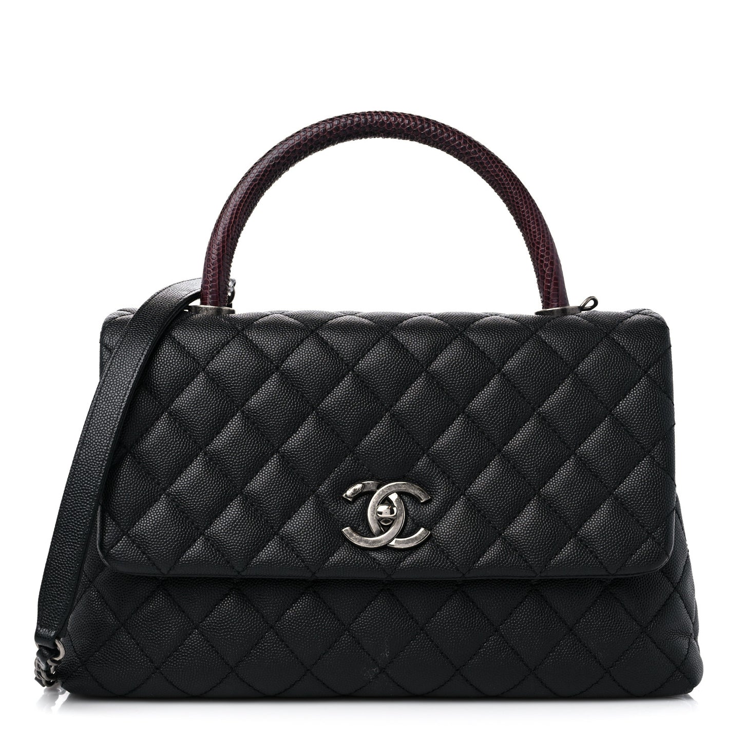 Caviar Lizard Embossed Quilted Small Coco Handle Flap Black
