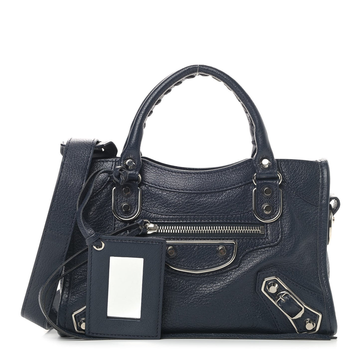 Chevre Silver Metallic Edge Hardware Mini City Bleu Nuit Dark Sea