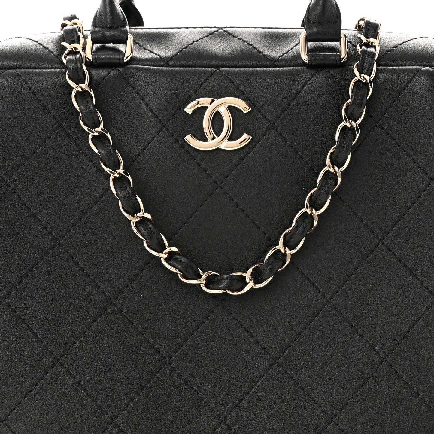 Calfskin Diamond Stitched Top Handle Bowling Bag Black