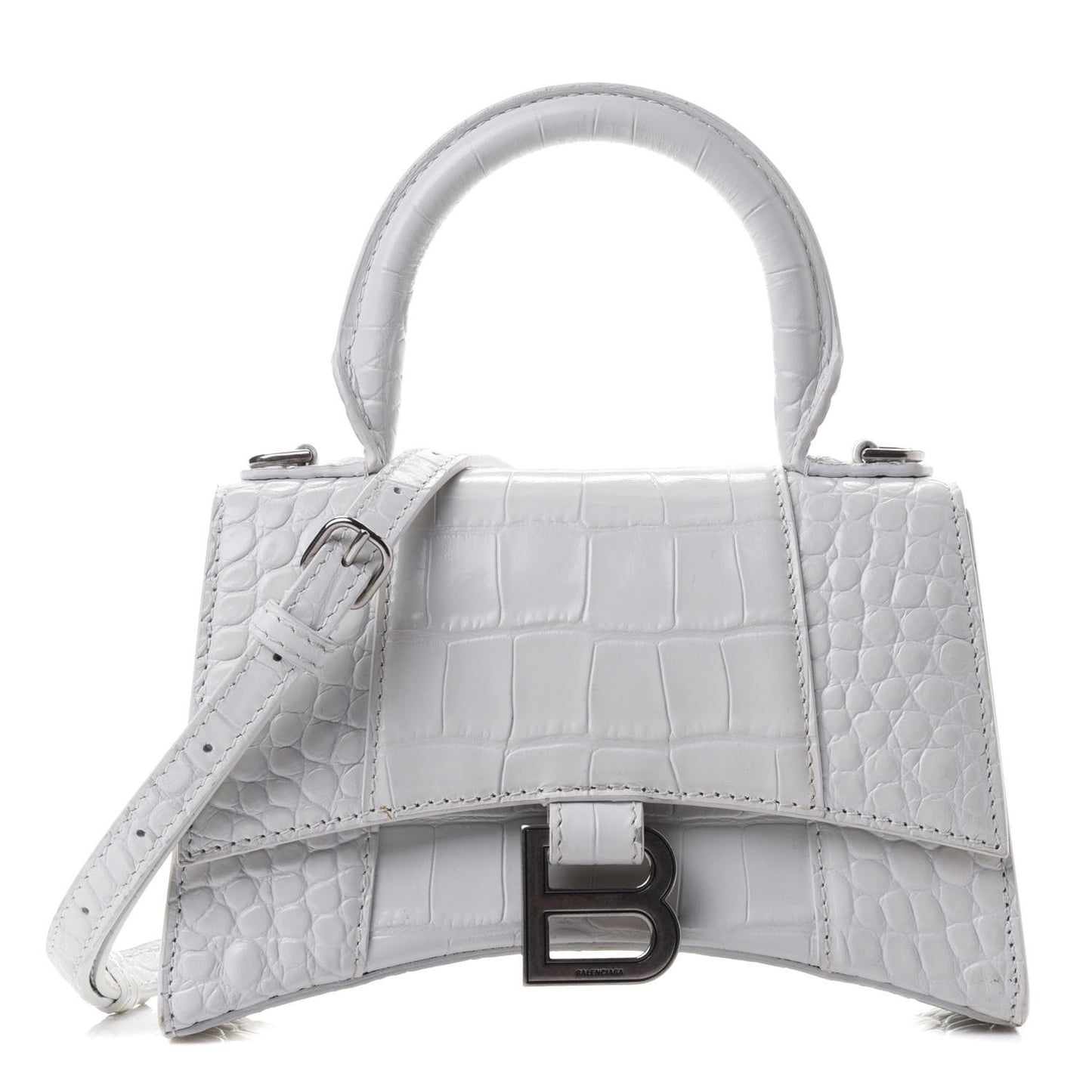 Shiny Calfskin Crocodile Embossed Hourglass Top Handle Bag XS White
