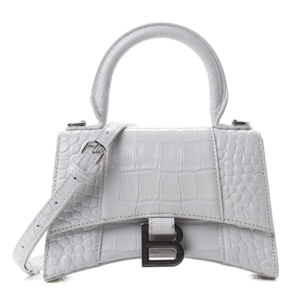 Balenciaga Shiny Calfskin Crocodile Embossed Hourglass Top Handle Bag XS White 1 of 4