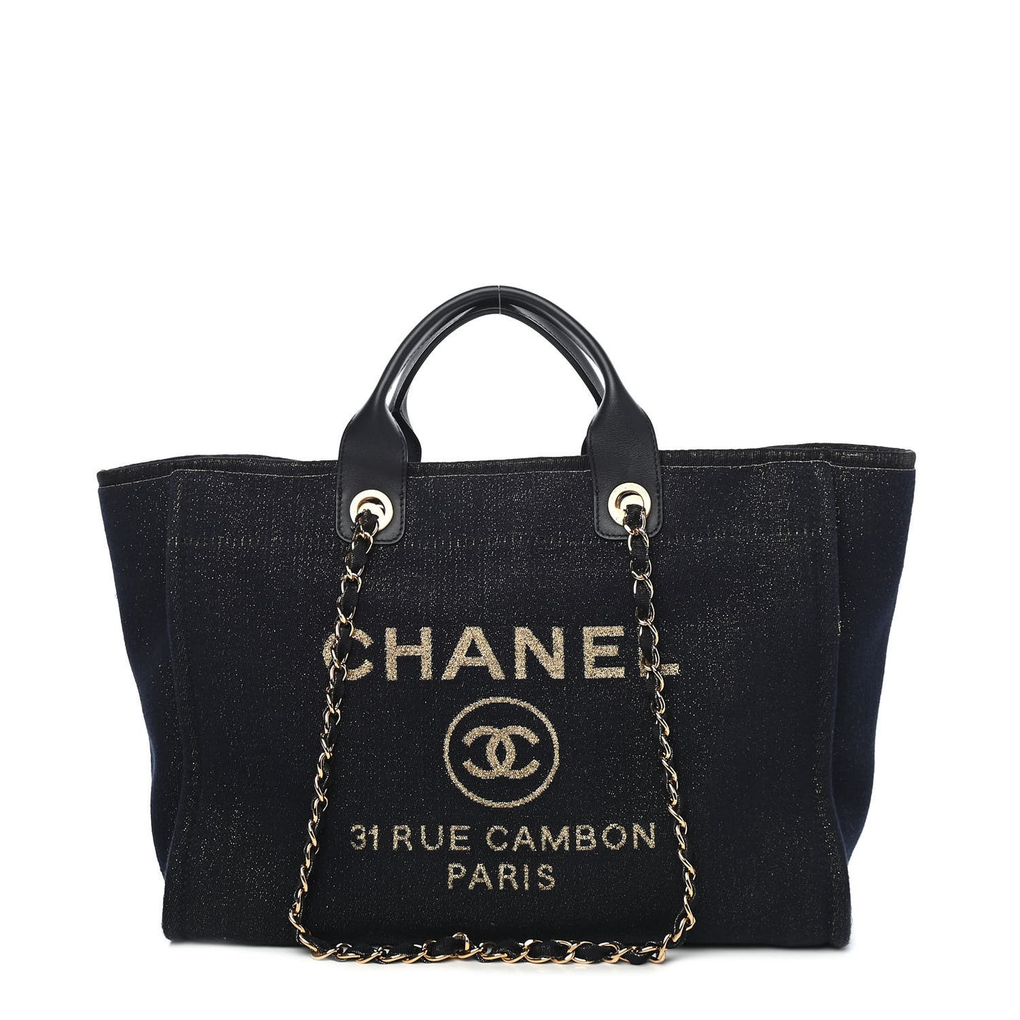 Lurex Canvas Medium Deauville Tote Navy Blue Gold