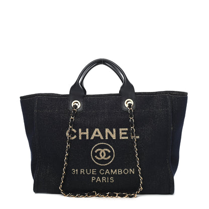 Chanel Lurex Canvas Medium Deauville Tote Navy Blue Gold 1 of 9