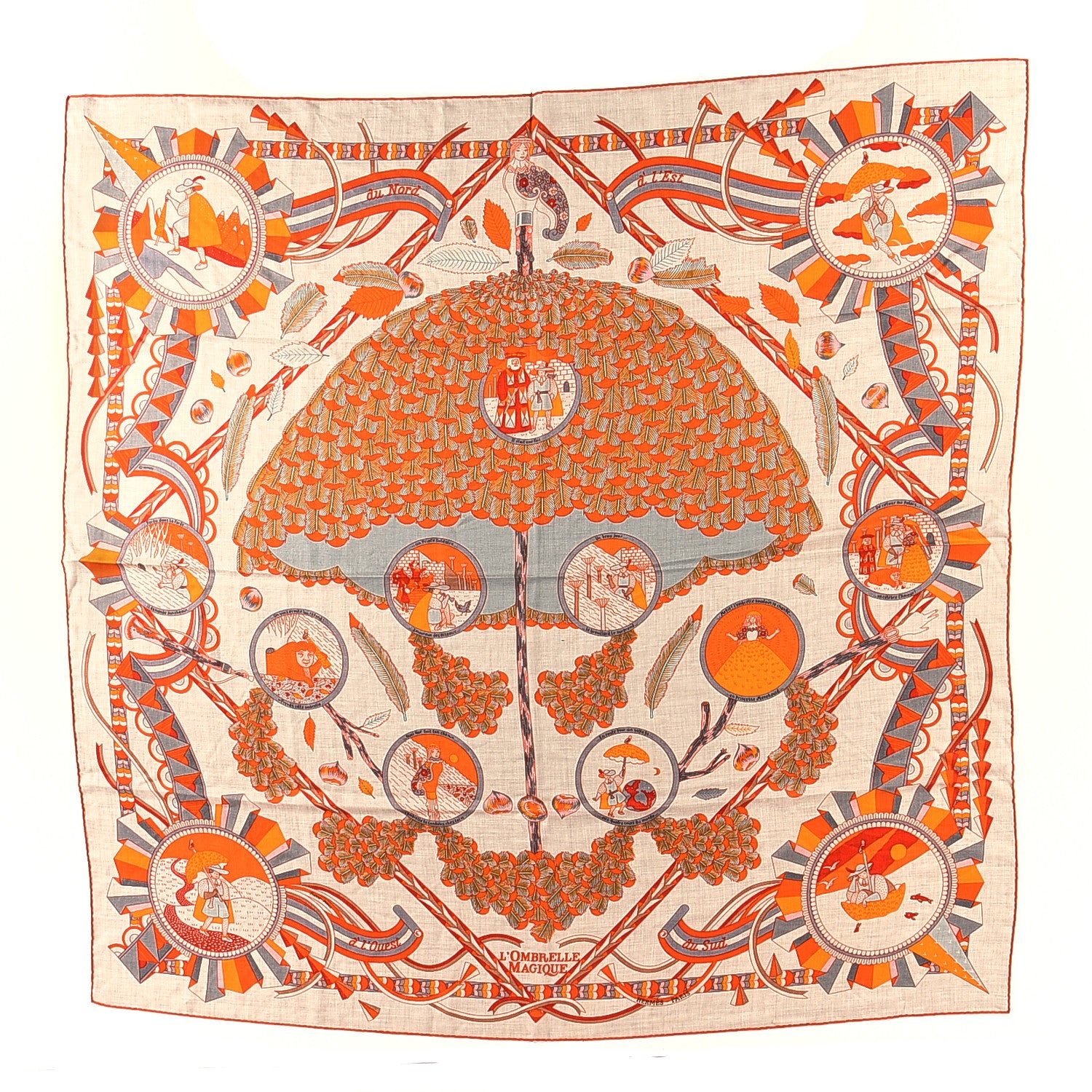 Hermes Cashmere Silk L'Ombrelle Magique Shawl 140 Naturel Orange Gris 1 of 3