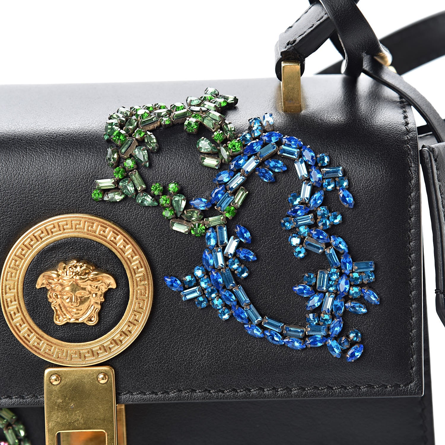 Versace Nappa Crystal Embroidered Alphabet Icon Flap Black 13 of 15