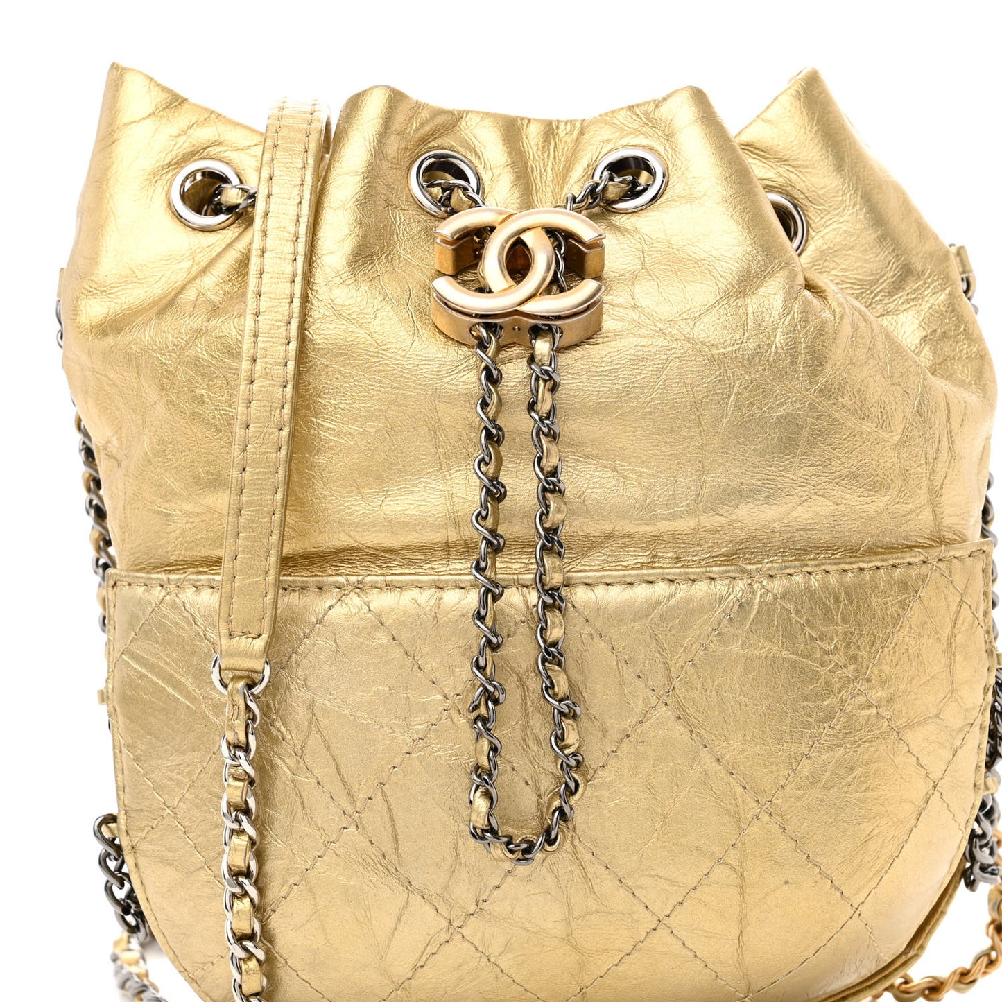 Metallic Aged Calfskin Quilted Small Gabrielle Bucket Gold