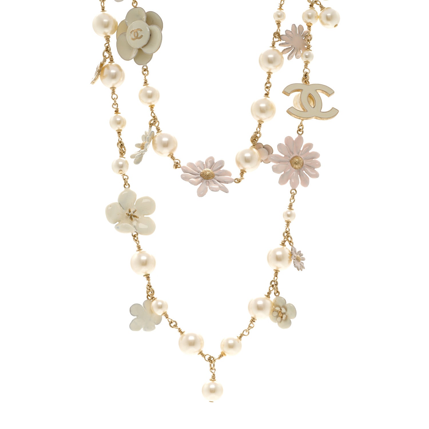Chanel Pearl Enamel CC Camellia Necklace White Gold 1 of 6