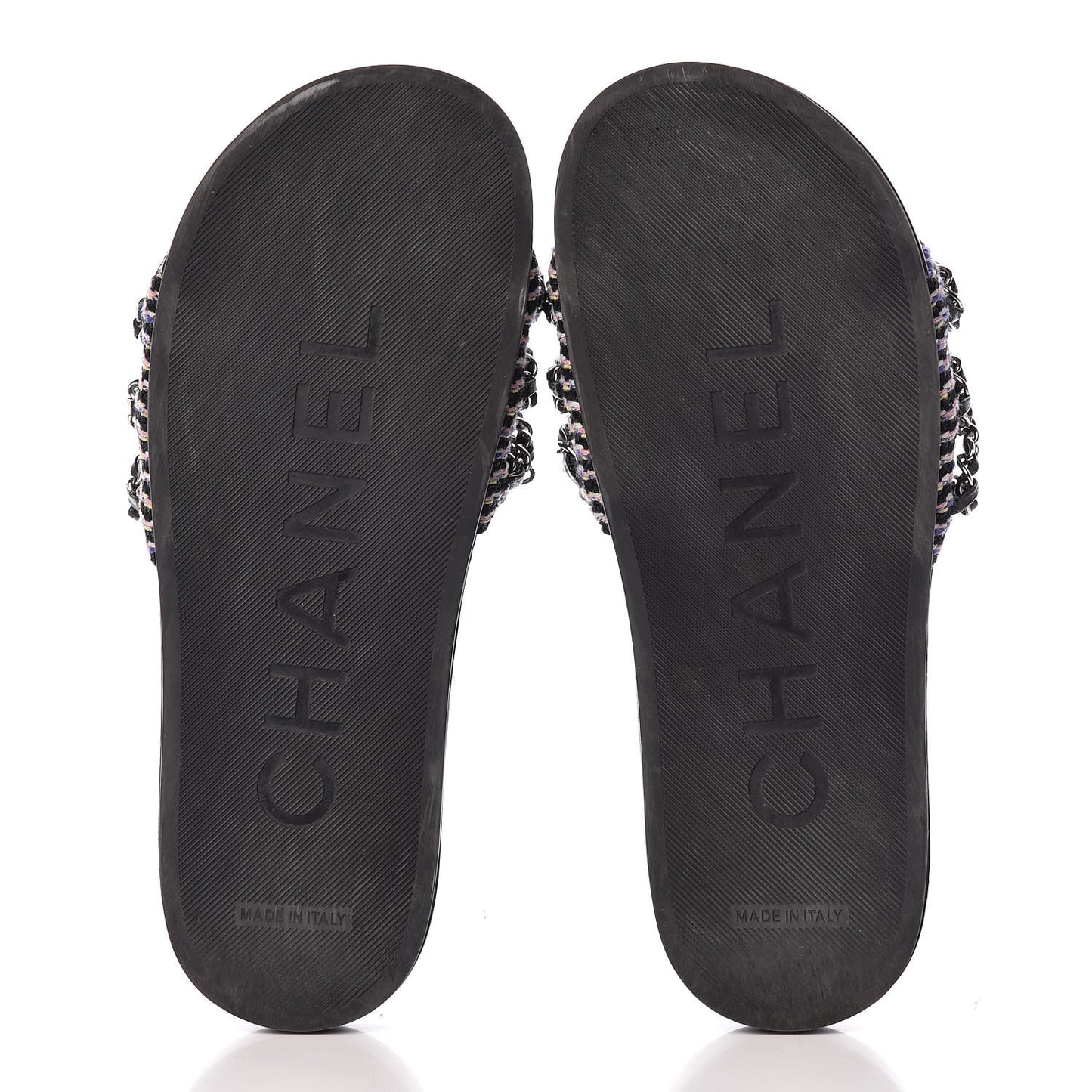 Tweed Lambskin Chain Flat Sandals 37 Black Multicolor