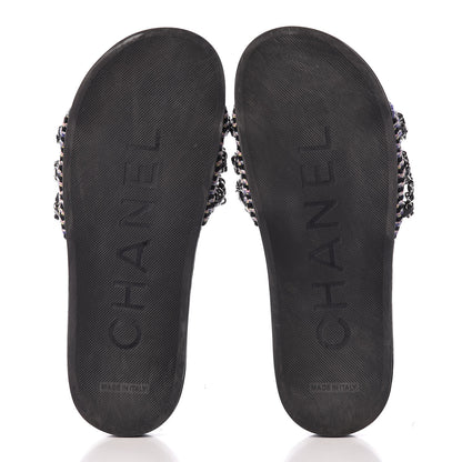 Chanel Tweed Lambskin Chain Flat Sandals 37 Black Multicolor 7 of 12