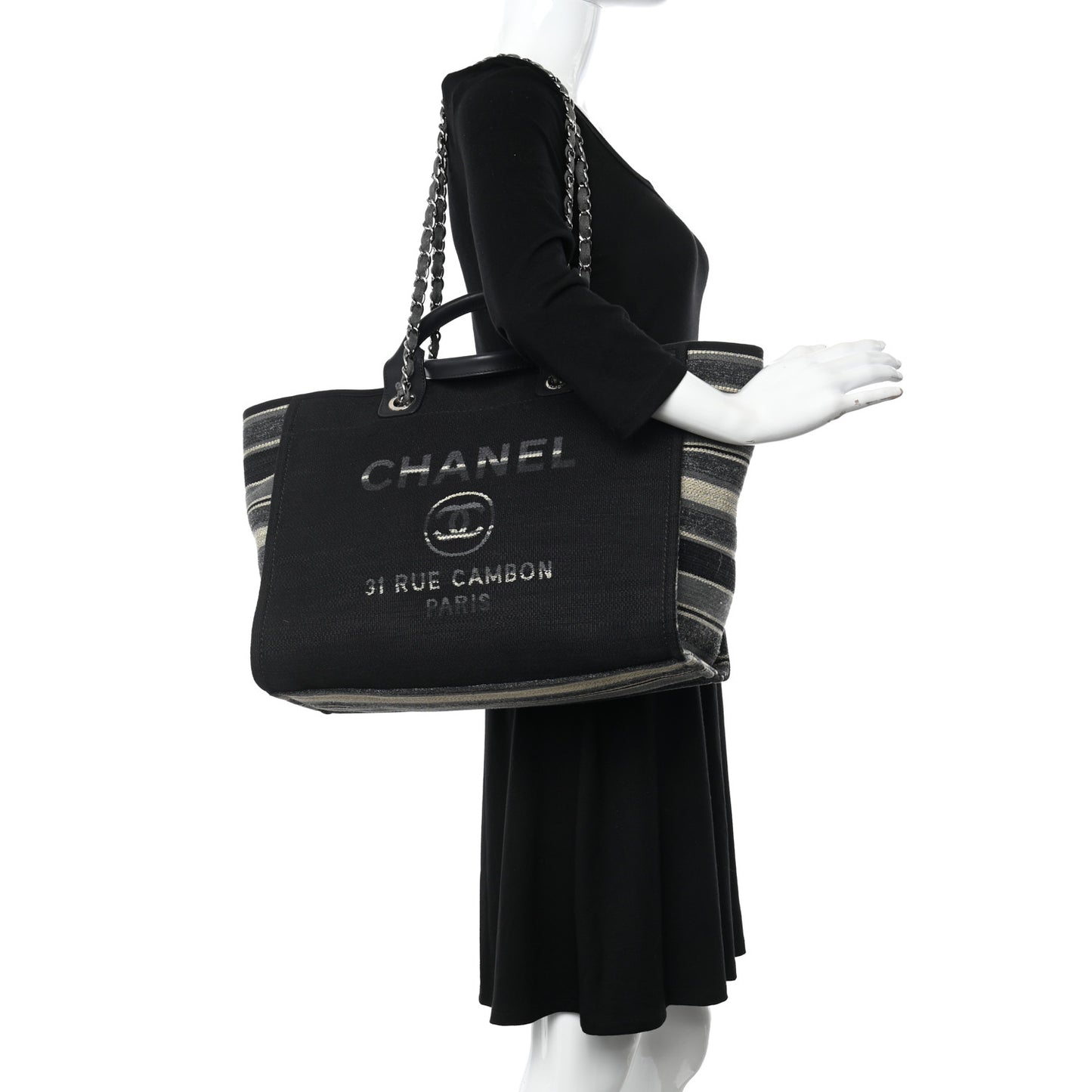 Striped Canvas Medium Deauville Tote Grey Black
