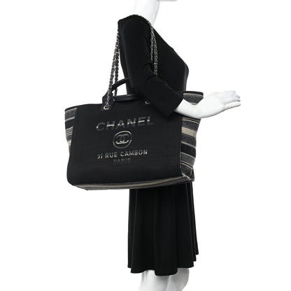 Chanel Striped Canvas Medium Deauville Tote Grey Black 2 of 14