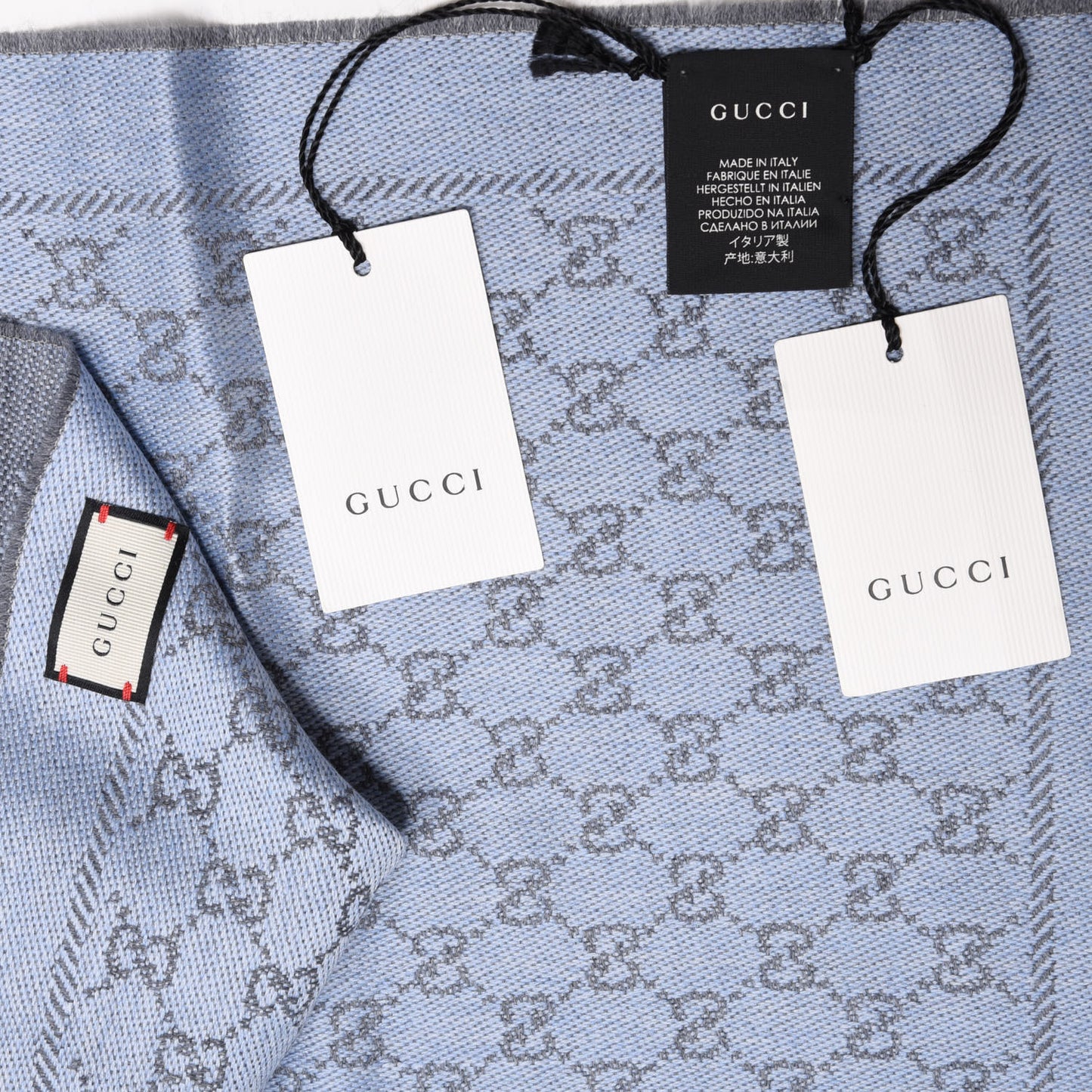 Wool Jacquard Monogram Fringe Scarf Blue