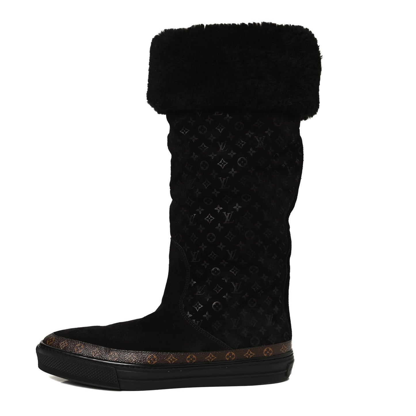 Suede Calfskin Monogram Embossed Snowball Flat Half Boots 39.5 Black