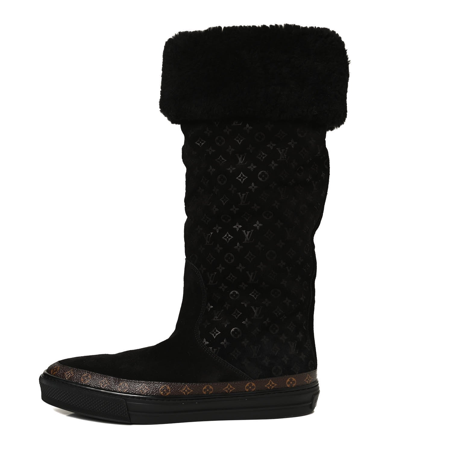 Louis Vuitton Suede Calfskin Monogram Embossed Snowball Flat Half Boots 39.5 Black 1 of 11