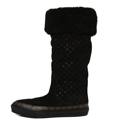 Louis Vuitton Suede Calfskin Monogram Embossed Snowball Flat Half Boots 39.5 Black 1 of 11