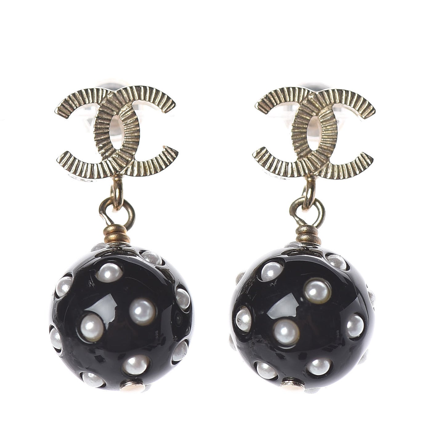 CC Bead Pearl Drop Earrings Gold Black