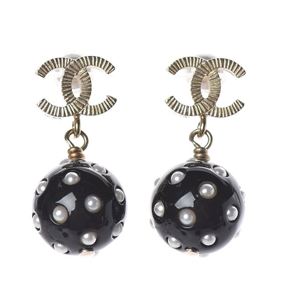Chanel CC Bead Pearl Drop Earrings Gold Black 1 of 5
