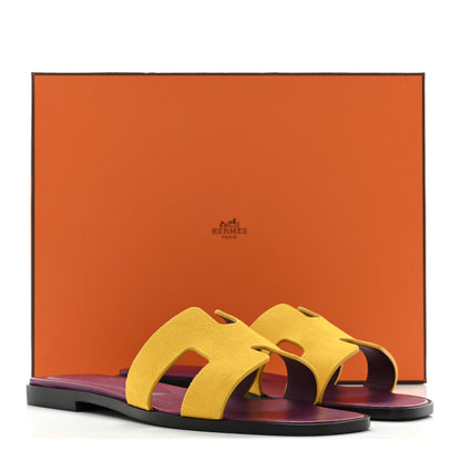 Hermes Suede Goatskin Oran Sandals 37.5 Jaune Topaze 10 of 10