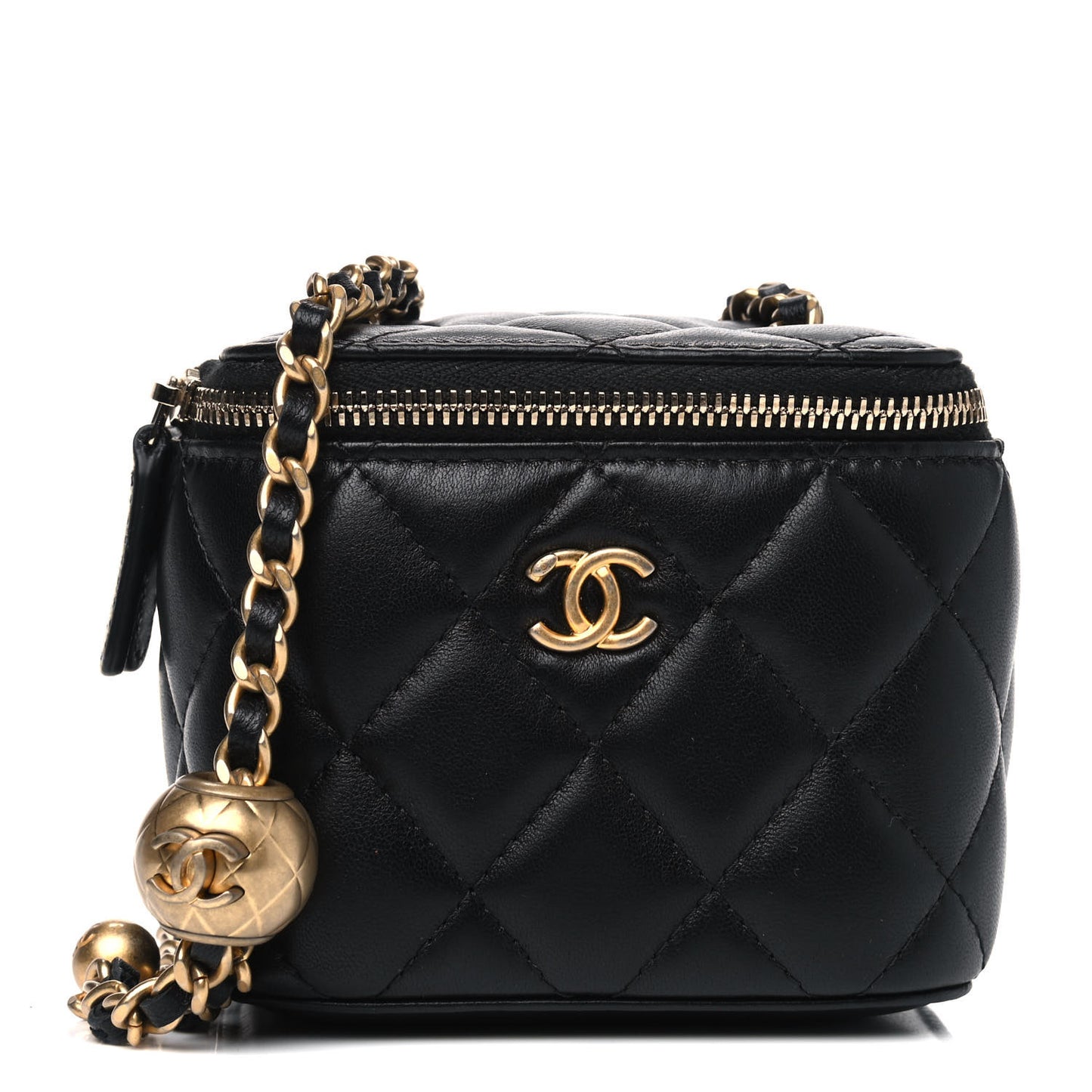 Lambskin Quilted Mini Pearl Crush Vanity Case With Chain Black