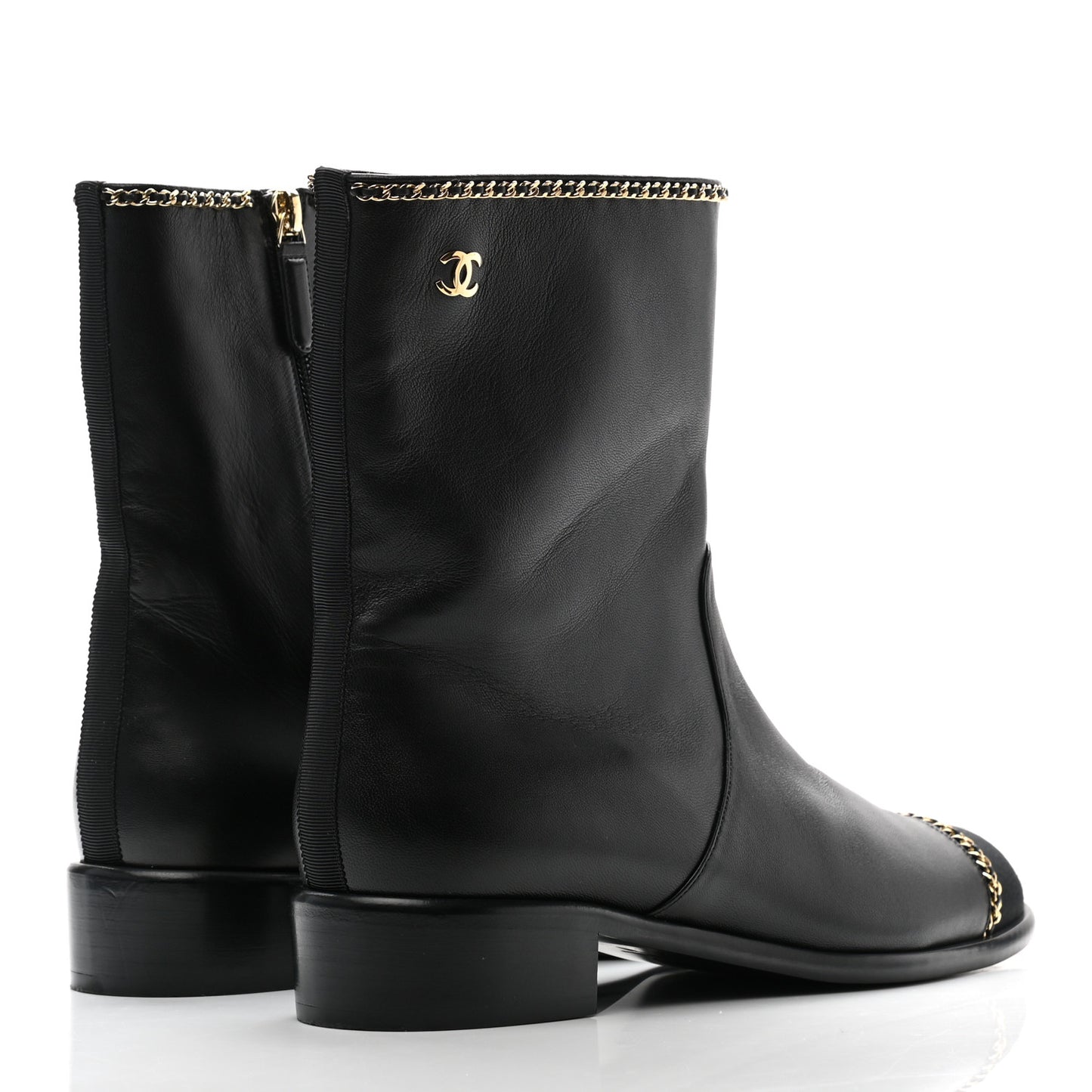 Lambskin Grosgrain Cap Toe Chain Short Boots 40 Black