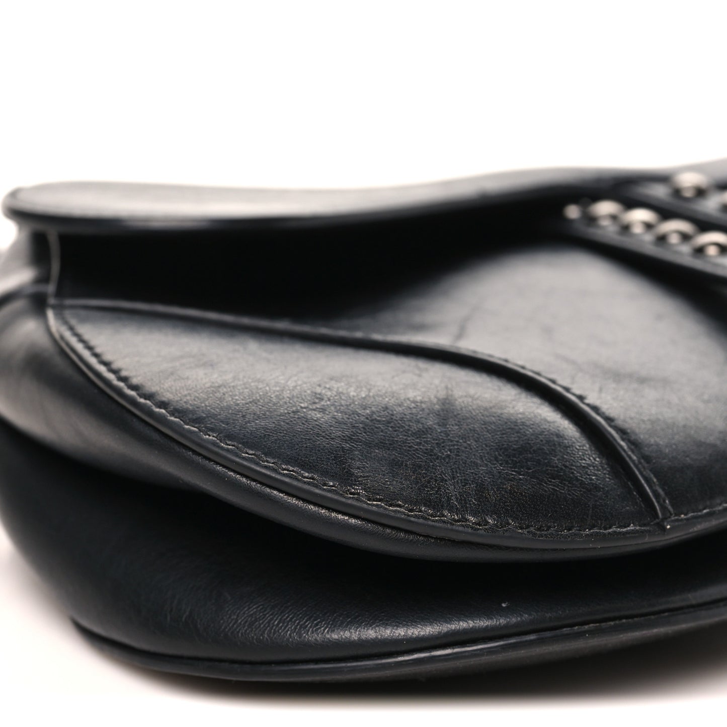 Shiny Crinkled Calfskin Studded Saddle Bag Black
