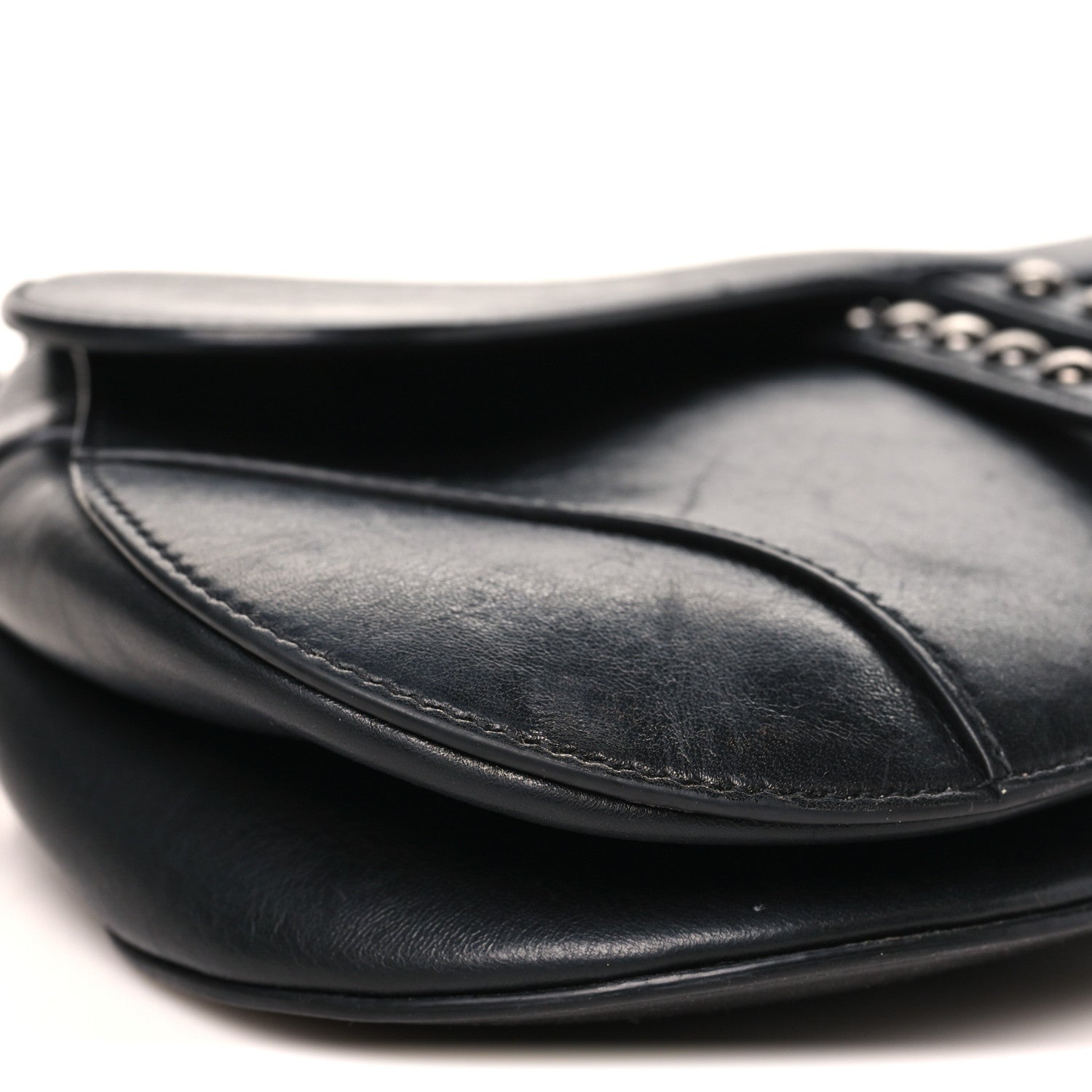 Christian Dior Shiny Crinkled Calfskin Studded Saddle Bag Black 9 of 10