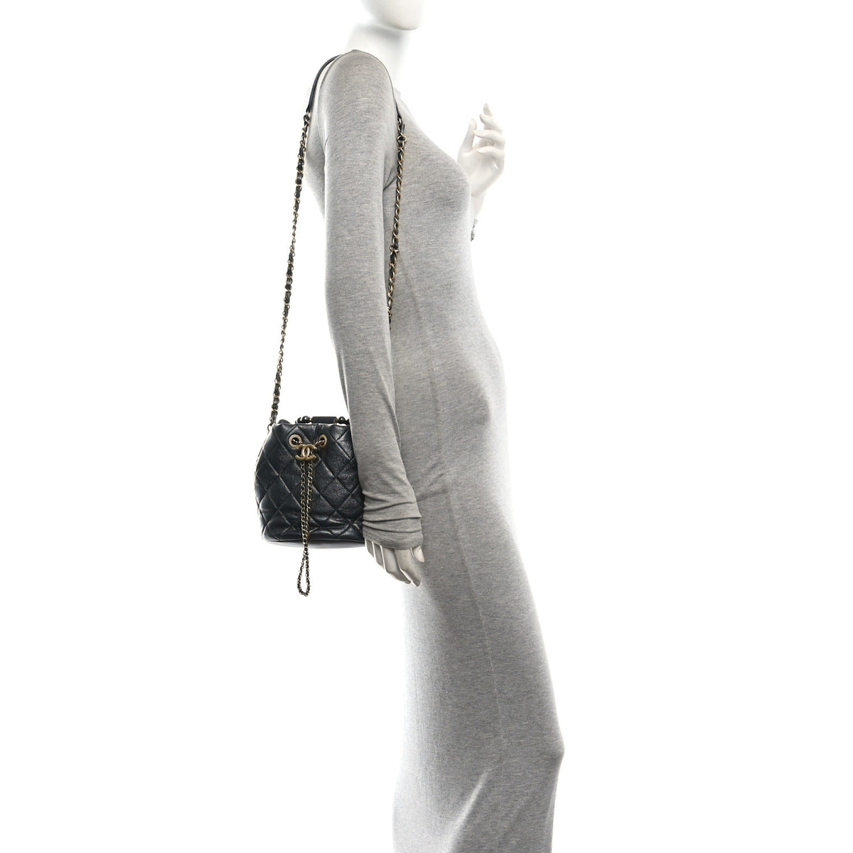 Chanel Metallic Lambskin Quilted Pearl Crown Drawstring Bag Anthracite 2 of 11