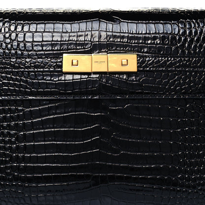 Saint Laurent Shiny Calfskin Crocodile Embossed Manhattan Baguette Black 8 of 10