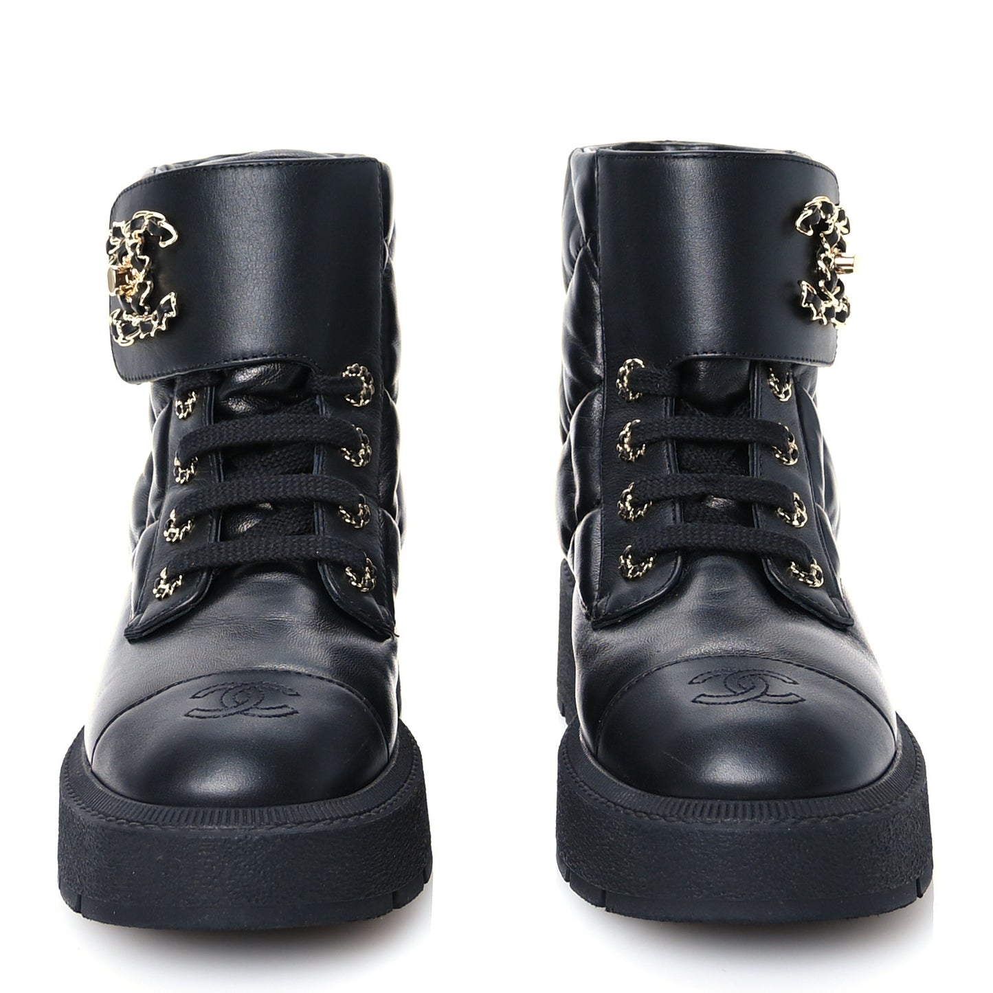 Lambskin Calfskin Quilted Lace Up Combat Boots 38 Black