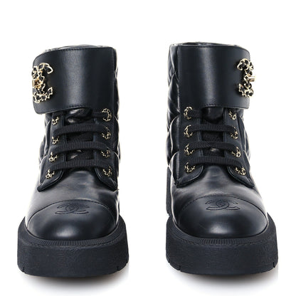 Chanel Lambskin Calfskin Quilted Lace Up Combat Boots 38 Black 2 of 12