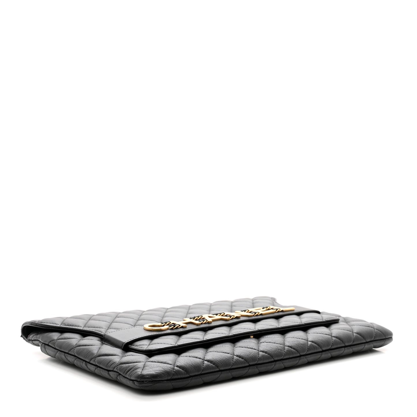 Calfskin Quilted Front Logo Enchained Clutch Black
