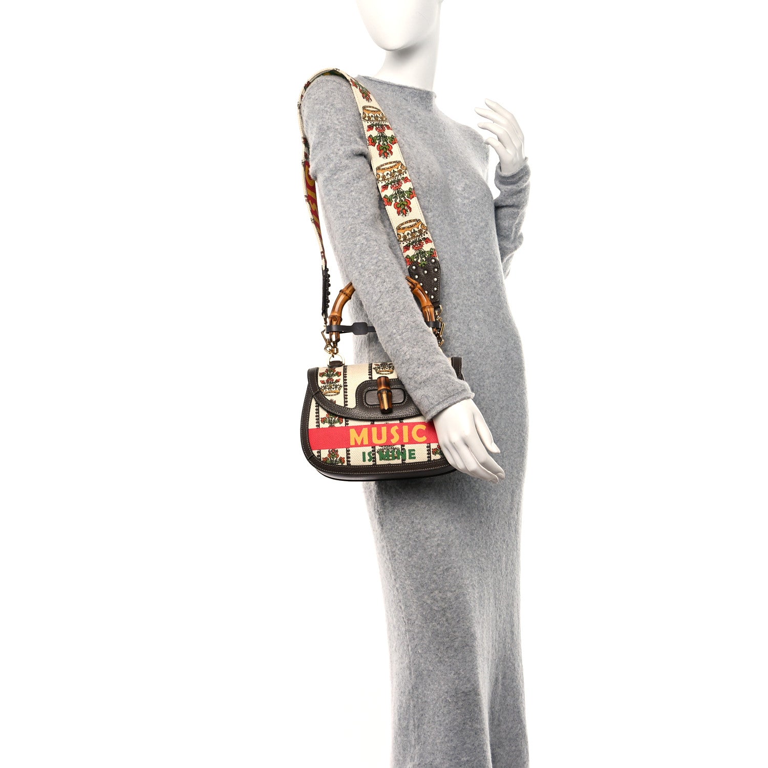 Gucci Canvas Calfskin 100 Centennial Music Medium Bamboo 1947 Top Handle Bag Multicolor 2 of 11