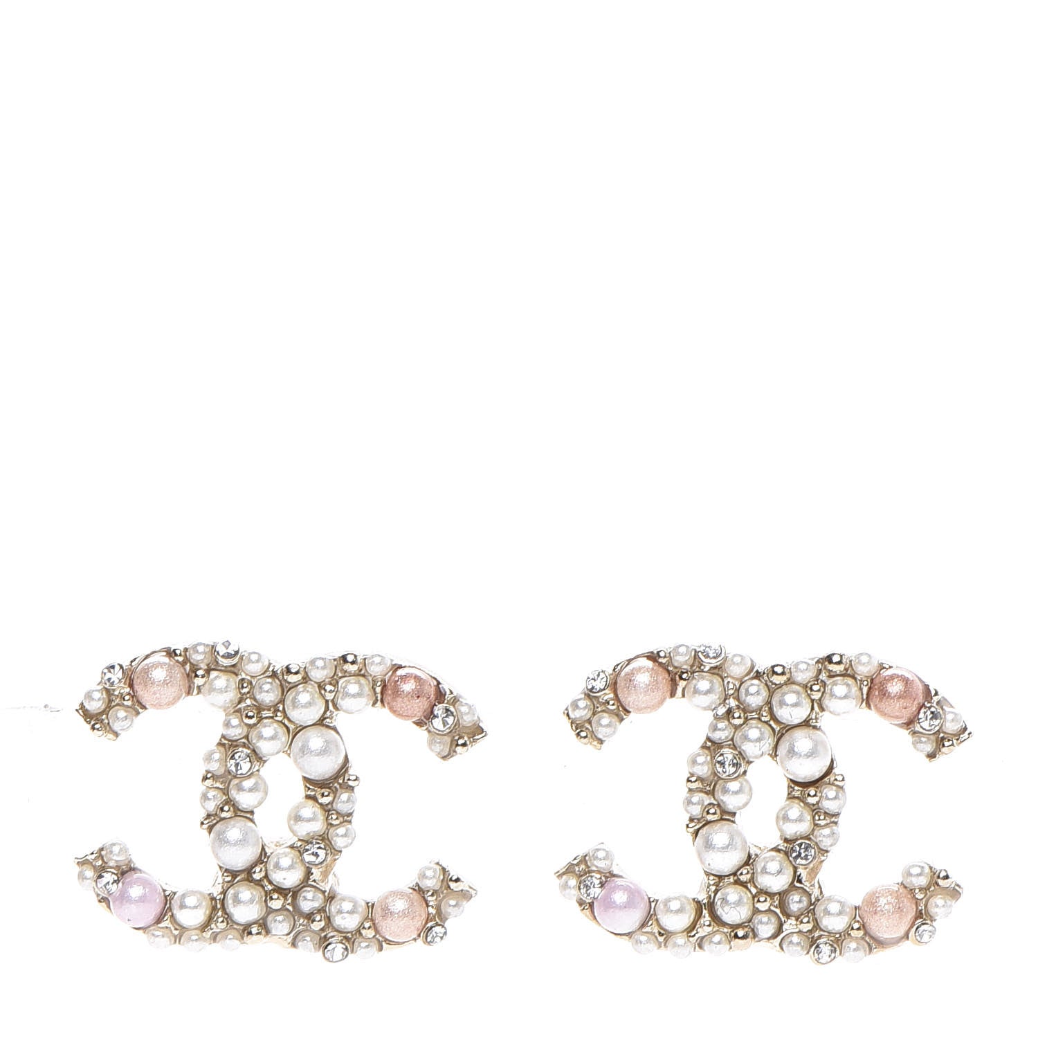 Chanel Pearl Crystal CC Charms Stud Earrings Light Gold Pink 1 of 5