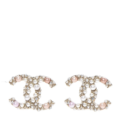 Chanel Pearl Crystal CC Charms Stud Earrings Light Gold Pink 1 of 5