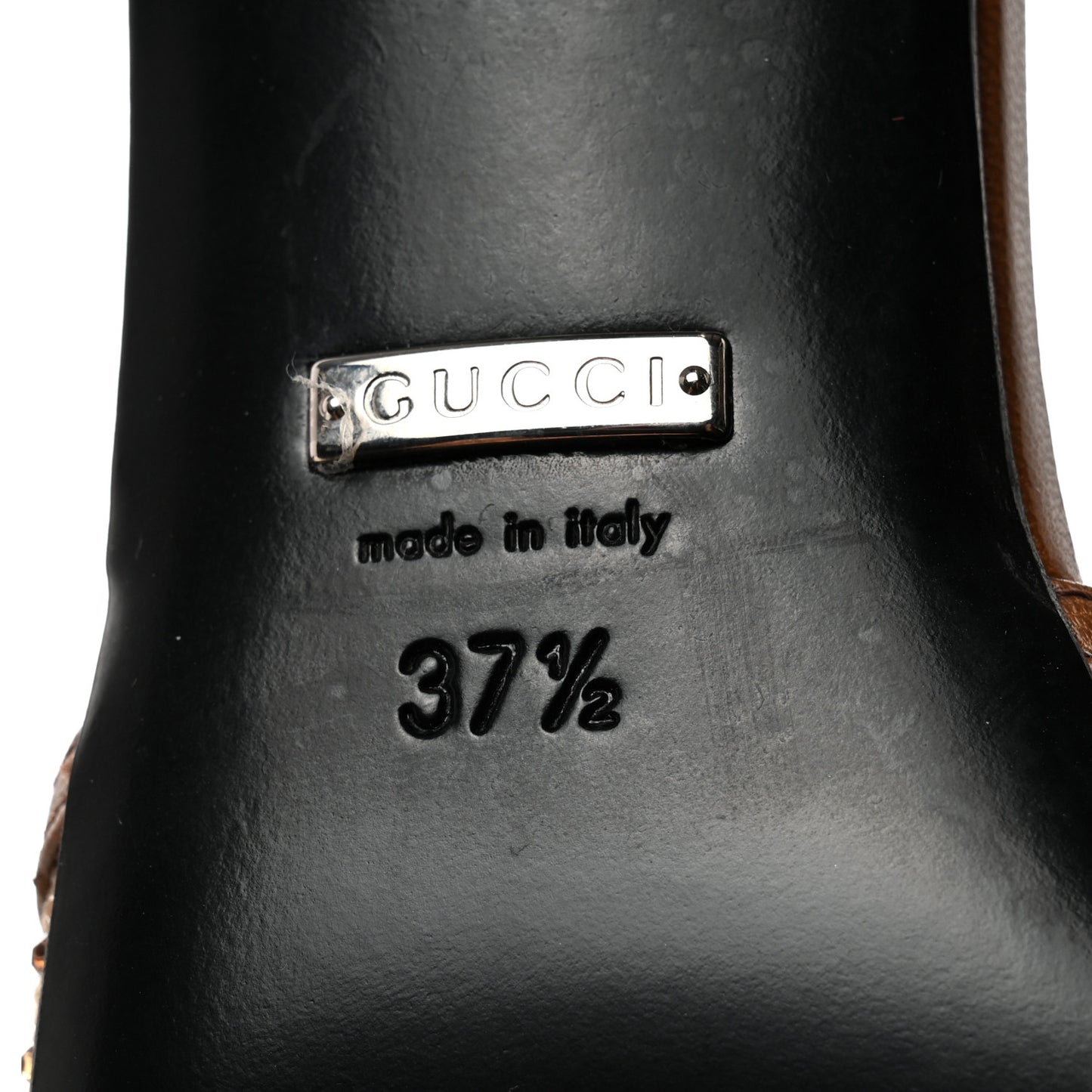 GG Monogram Malaga Kid Crystal Square G 35mm Slingback Pumps 37.5 Camel Ebony Cuir