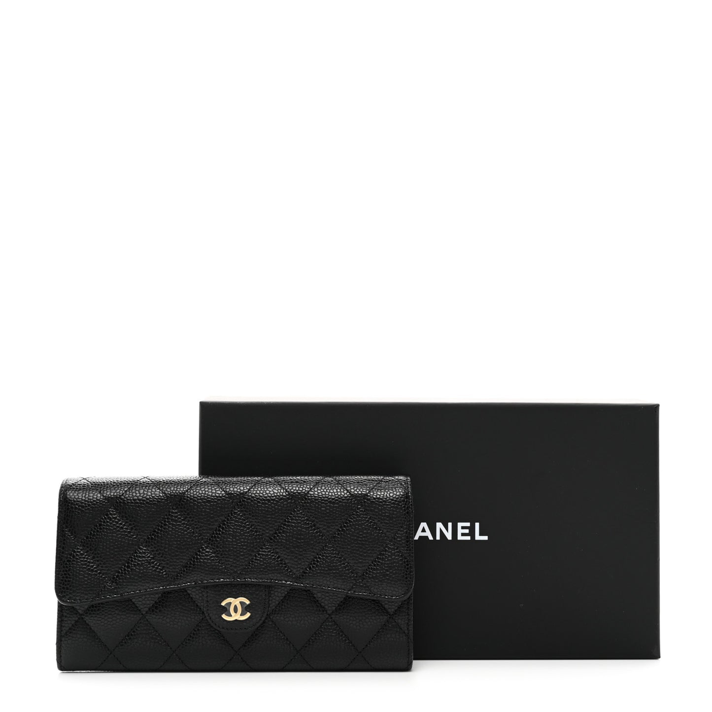 Caviar Quilted Large Gusset Flap Wallet Black