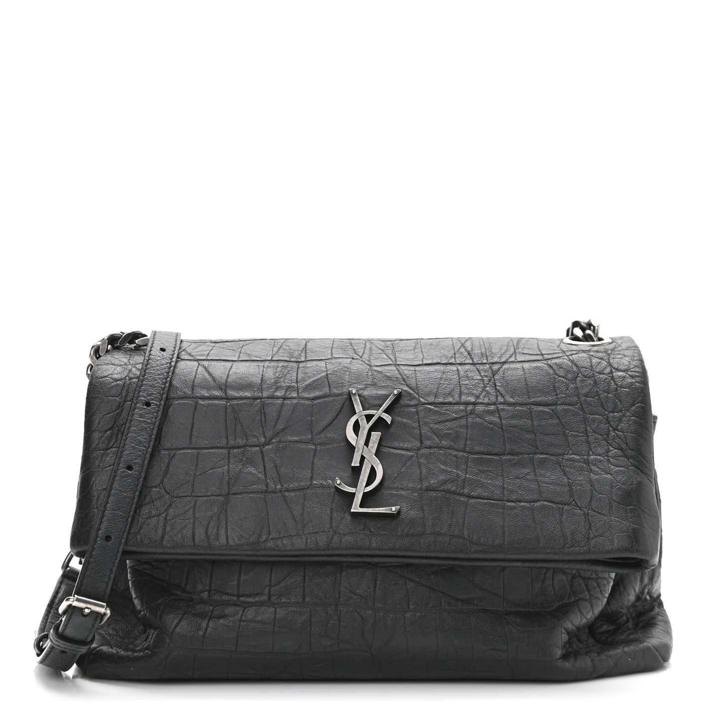 Calfskin Crocodile Embossed Medium West Hollywood Monogram Fold-Over Black