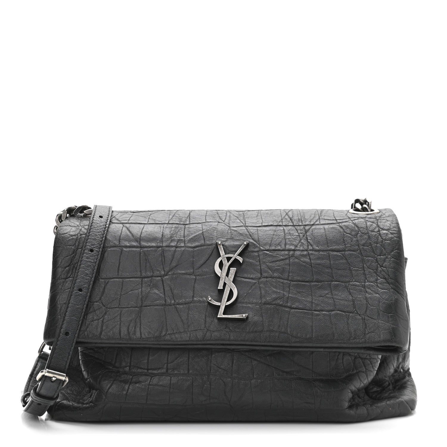 Saint Laurent Calfskin Crocodile Embossed Medium West Hollywood Monogram Fold-Over Black 1 of 11
