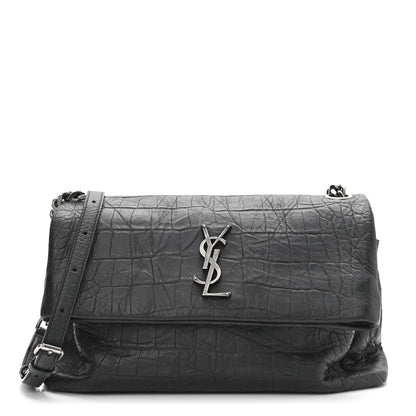 Saint Laurent Calfskin Crocodile Embossed Medium West Hollywood Monogram Fold-Over Black 1 of 11