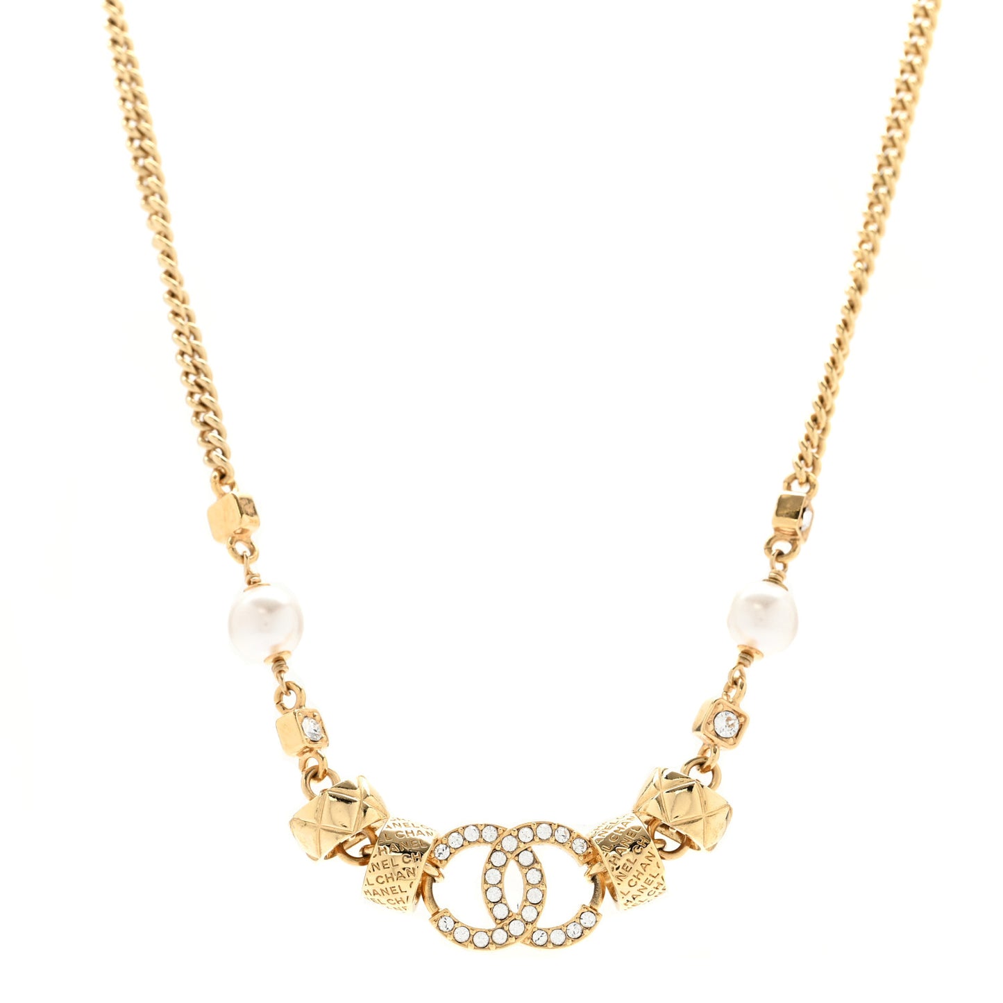 Pearl Crystal CC Quilted Choker Necklace Gold