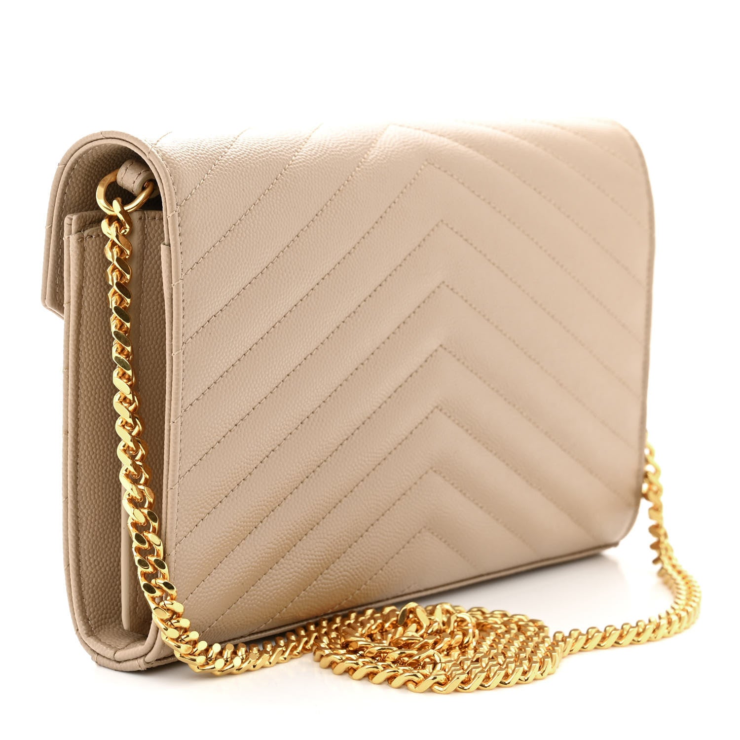 Saint Laurent Grain De Poudre Matelasse Chevron Monogram Chain Wallet Dark Beige 3 of 9