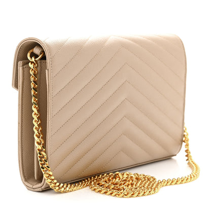 Saint Laurent Grain De Poudre Matelasse Chevron Monogram Chain Wallet Dark Beige 3 of 9