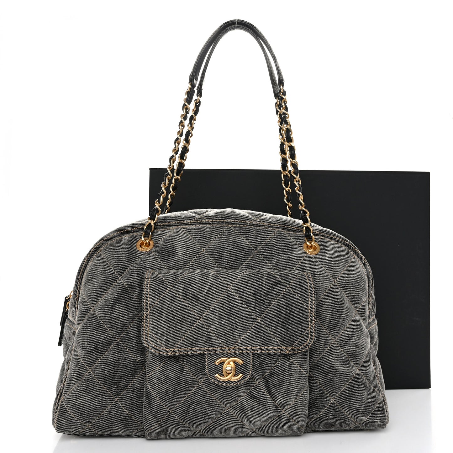 Washed Denim Quilted Bowling Bag Light Grey