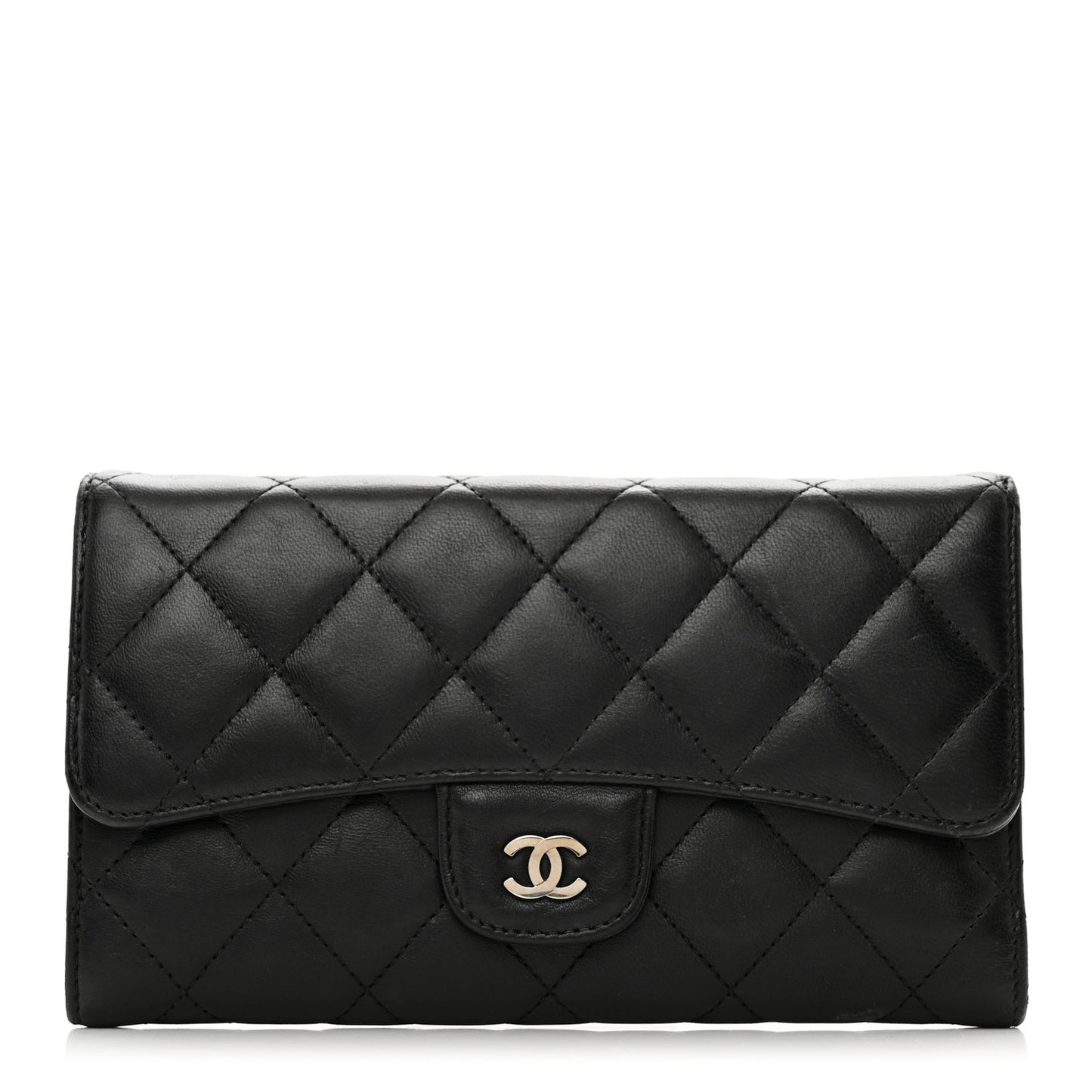 Lambskin Quilted Large Gusset Flap Wallet Black