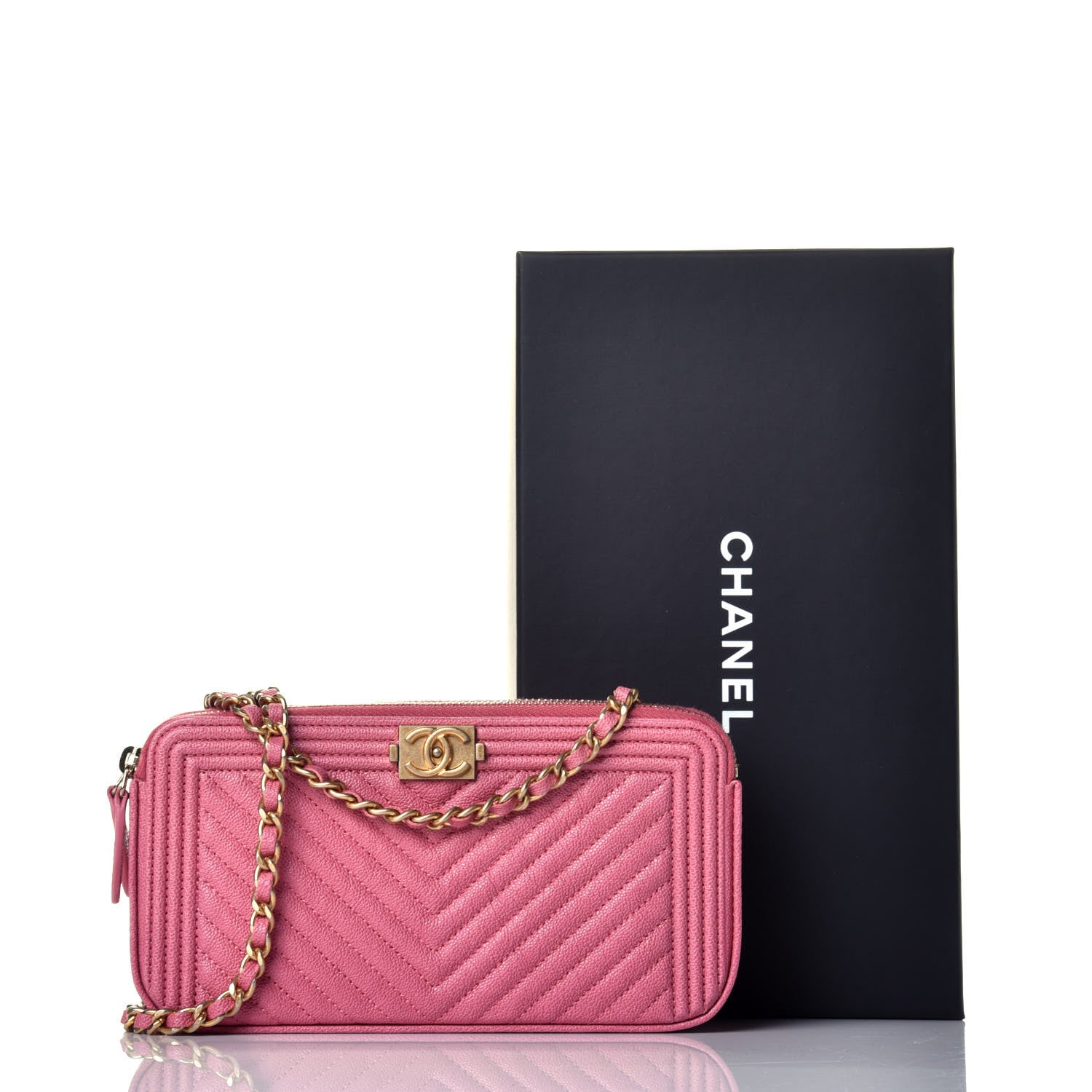 Chanel Caviar Chevron Small Boy Clutch With Chain Pink 10 of 10