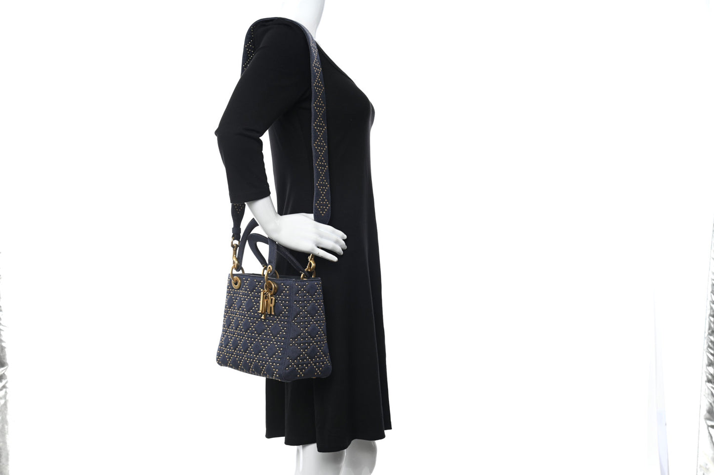 Canvas Cannage Studded Medium Supple Lady Dior Blue
