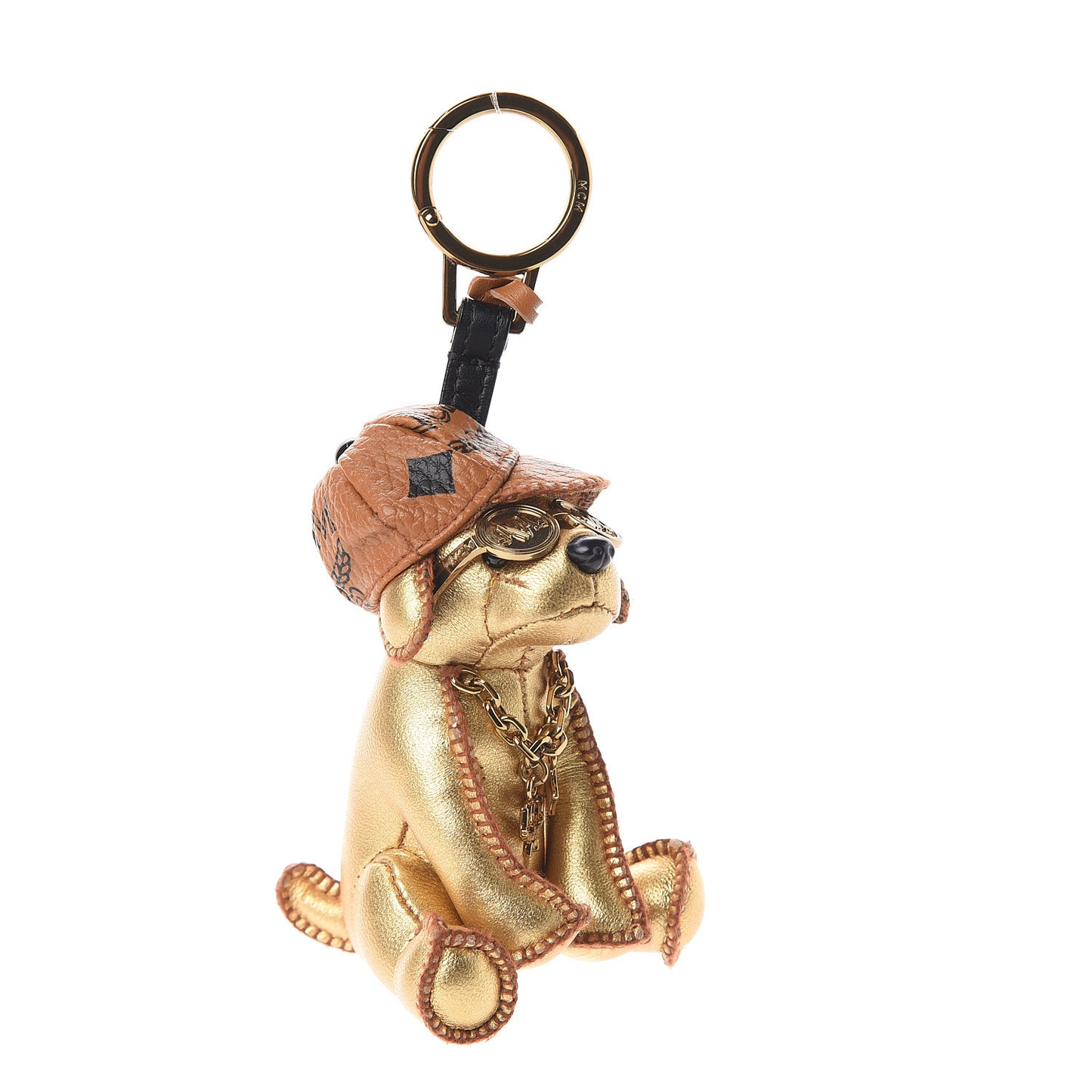 Metallic Visetos Dog Key Ring Bag Charm Gold Cognac