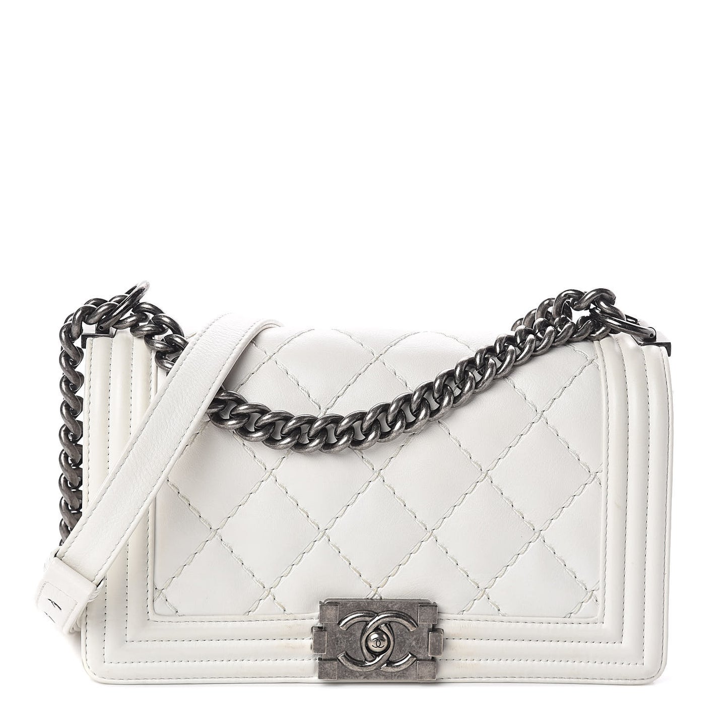 Calfskin Double Stitch Medium Boy Flap White
