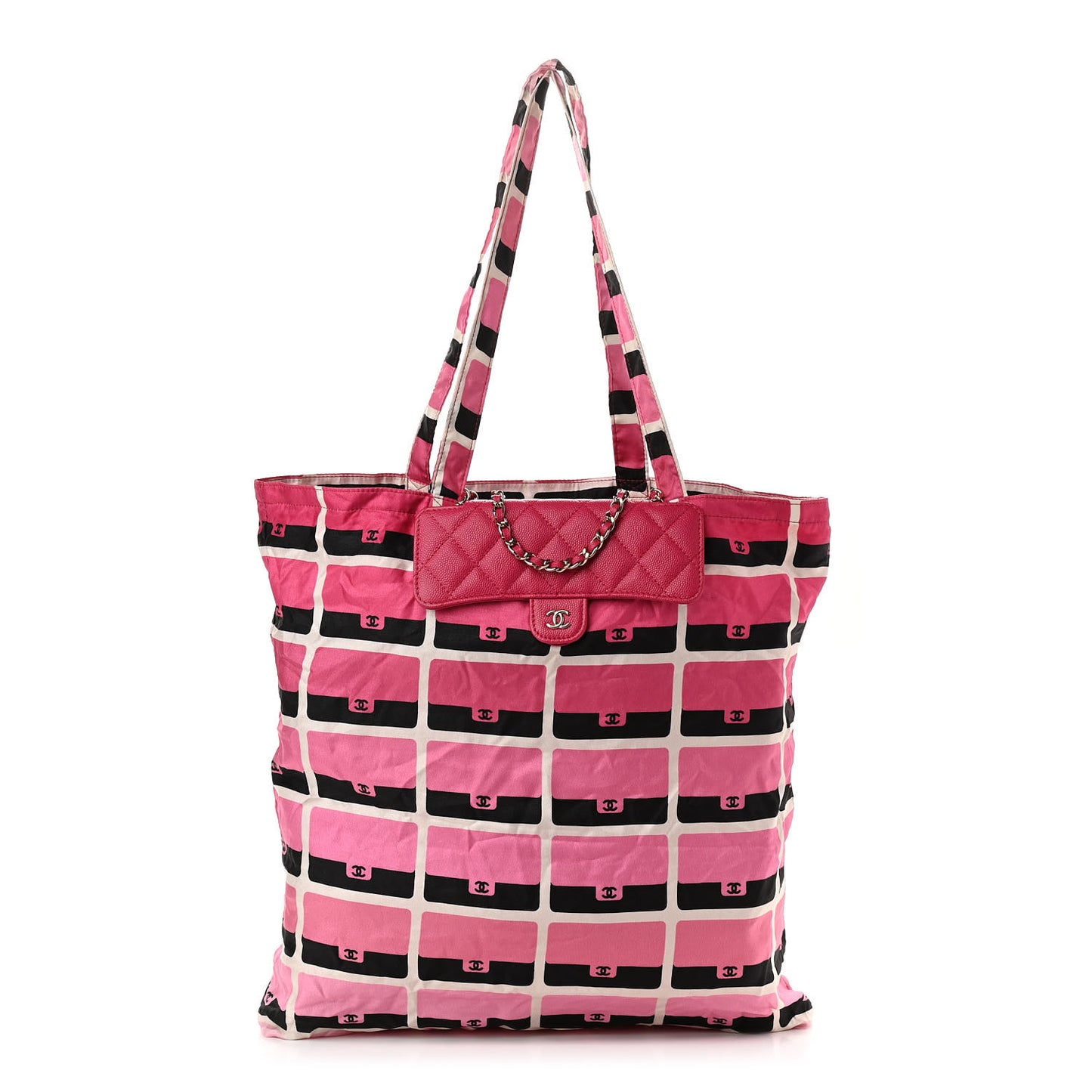 Caviar Fabric Quilted Foldable Tote With Chain Pink Multicolor