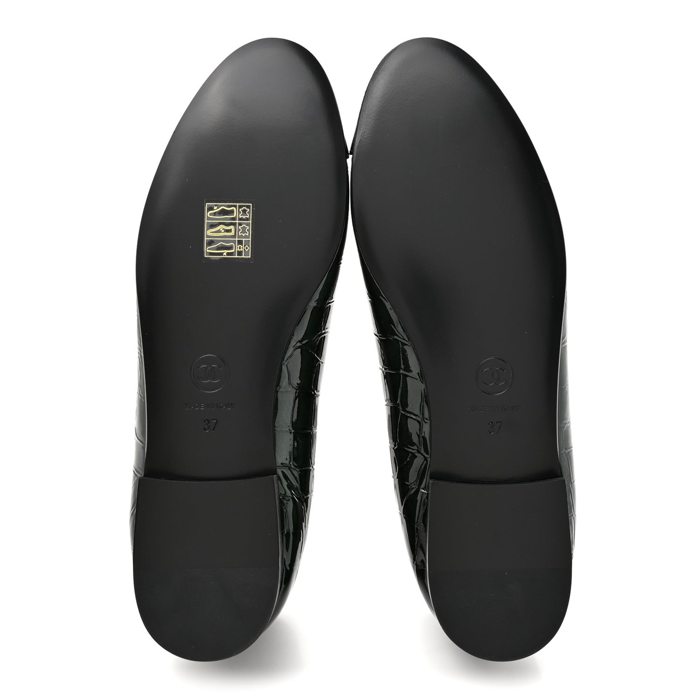 Patent Calfskin Crocodile Embossed Ballerina Flats 37 Dark Green Black